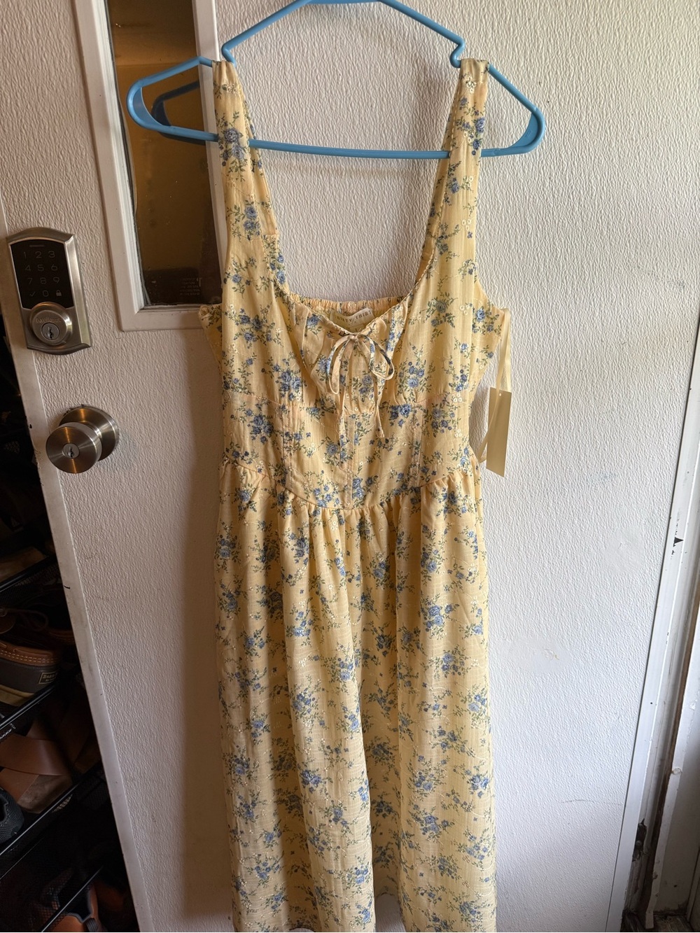 Yellow Floral Midi Dress with Tie-Front Detail